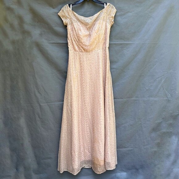 Mori Lee Bridesmaid 21652 Size 12 Gold Sequin Maxi Gown Dress Illusion Neckline - Picture 1 of 10